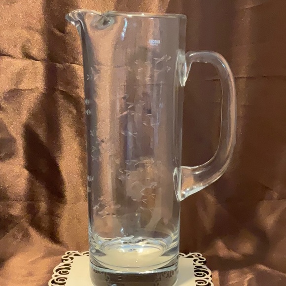 NWT Large clear glass etched with fish pitcher.